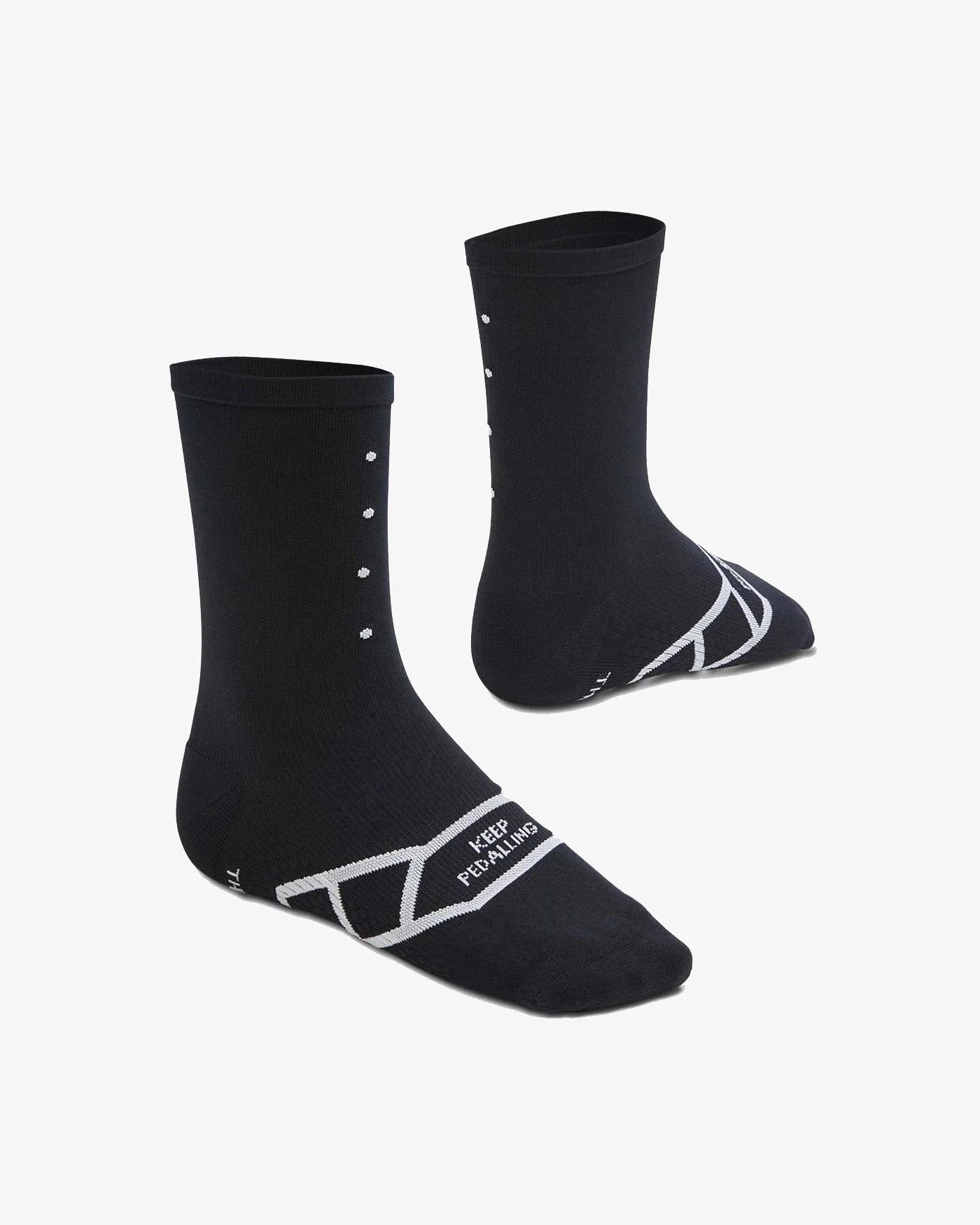 A pair of black cycling socks with a geometric design near the ankle and branded with the Pedla logo.